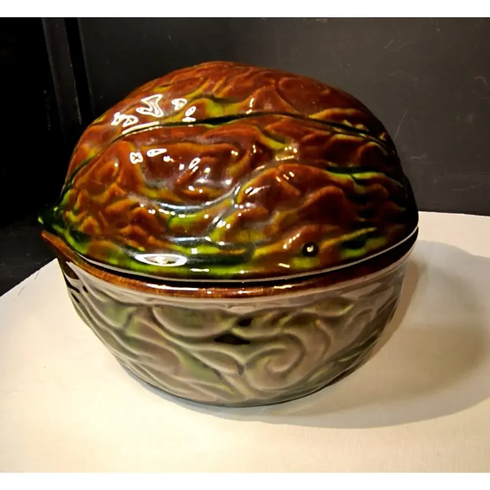2045.  Vintage Ceramic MCM Lidded Walnut Trinket Dish Fall Decor Studio Art